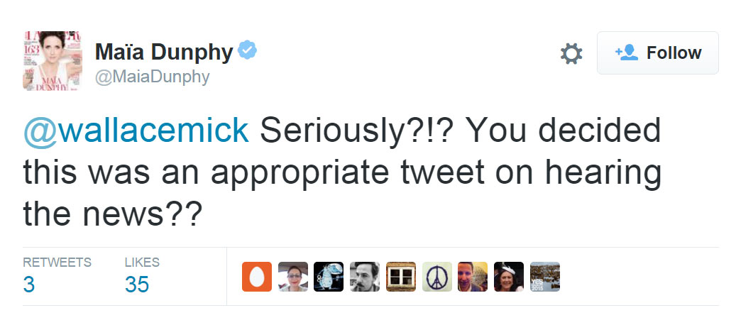 Seriously?!? You decided this was an appropriate tweet on hearing the news??