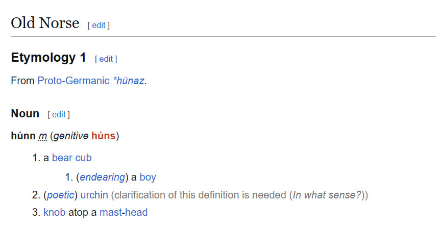 A screenshot of the definition of húnn.